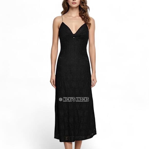 NSR Black Lace Twist Front Cut Out Midi Dress Sleeveless Evening Size L Formal - Picture 10 of 11